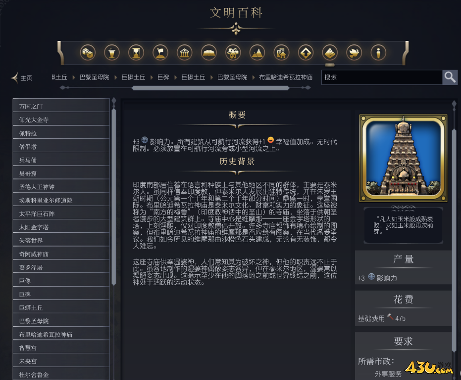 文明7布里哈迪希瓦拉神庙介绍 奇观属性说明